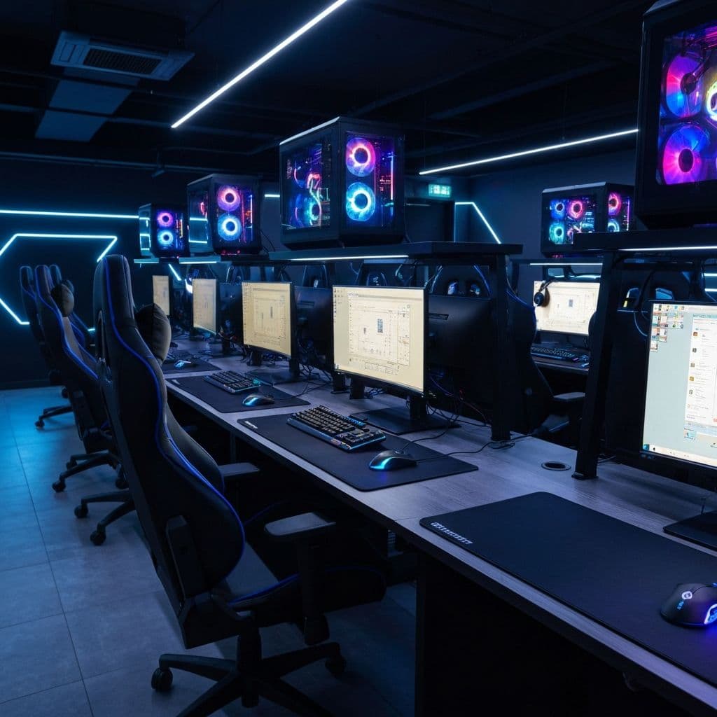 Gaming cafe interior with high-end PC setups