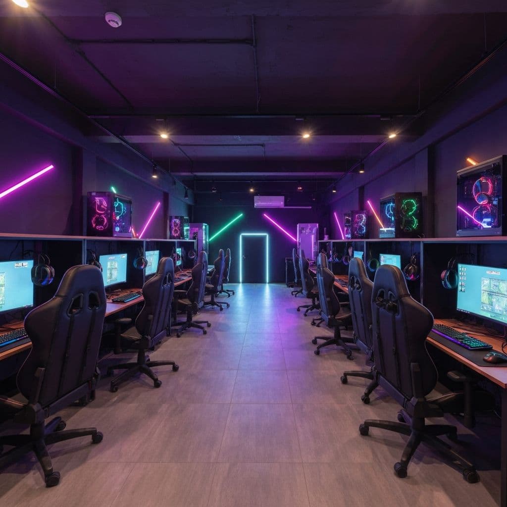 Wide shot of the gaming cafe layout